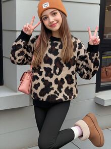Girls' Leopard Print Round Neck Sweater, Loose Animal Pattern Long Sleeve Knit Pullover, Casual Street Style Autumn/Winter Top - Multicolor - View 1