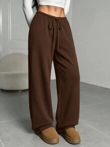 SHEIN EZwear 女款深棕色針織休閒運動長褲，抽繩腰頭，寬鬆版型，適合居家休閒或冬季穿著 - 棕色 - 查看 7
