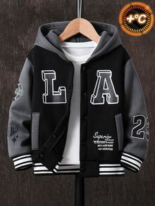 SHEIN 1pc Boys Casual Jacket, Minimalist Collar Design, Black Body With Grey Contrast Sleeves, Letter Graphic Print, Ribbed Cuffs And Hem, Suitable For Daily, Sports, School, Travel Wear, Versatile And Practical - Black - View 1