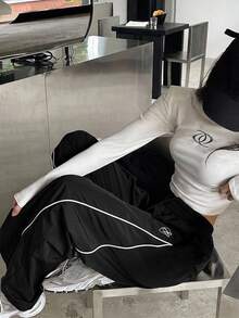 DAZY 女款拼色抽繩腰休閒日常長褲 - 灰色 - 查看 5