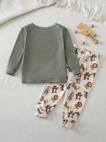 SHEIN 嬰兒男嬰女嬰貼身款秋冬可愛動物圖案圓領長袖上衣＋睡褲 2件組，柔軟舒適貼身睡衣居家服套裝，聖誕節、新年睡衣 - 彩色 - 查看 2