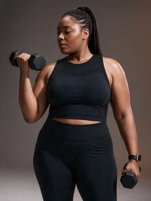 Powerista Plus Size Seamless Ribbed Tank Top Women Racerback Open Back Breathable Workout Yoga Vest Fall Black - Black - View 1