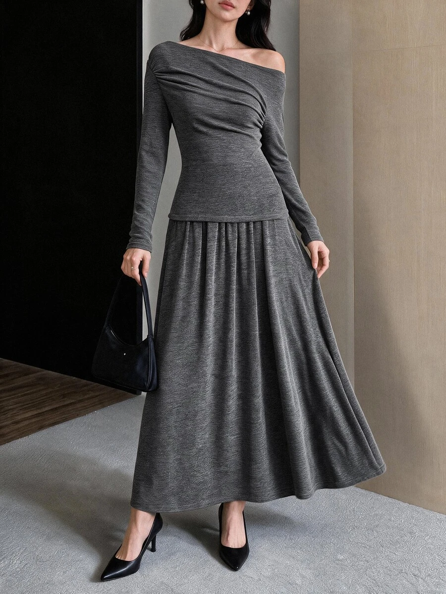 Yumoku Women's Solid Color Asymmetric Shoulder Long Sleeve T-Shirt And Skirt Casual 2 Pieces Set - Dark Grey - View 1