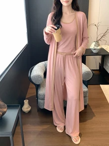DAZY 女款對比飾邊背心上衣、晨袍與長褲家居服套裝 秋季 - 粉色 - 查看 6