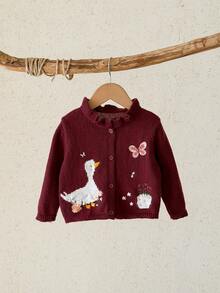 SHEIN 女嬰百搭甜美刺繡單排扣長袖針織秋季開襟衫 - 酒紅色 - 查看 7