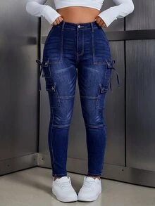 SHEIN ICON 大尺碼女款口袋鈕扣打結休閒百搭日常穿著牛仔褲 - 藍色 - 查看 4
