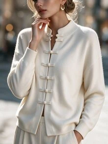 Linhara CURVE Plus Size Women Solid Color Dropped Shoulder Long Sleeve Frog Button Placket Casual Knit Cardigan - Beige - View 5
