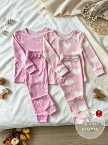 4件組女童幼兒時尚簡約蝴蝶結與愛心印花圓領套頭長袖上衣＋長褲套裝，針織面料，舒適柔軟高彈力修身居家睡衣 - 彩色 - 查看 5