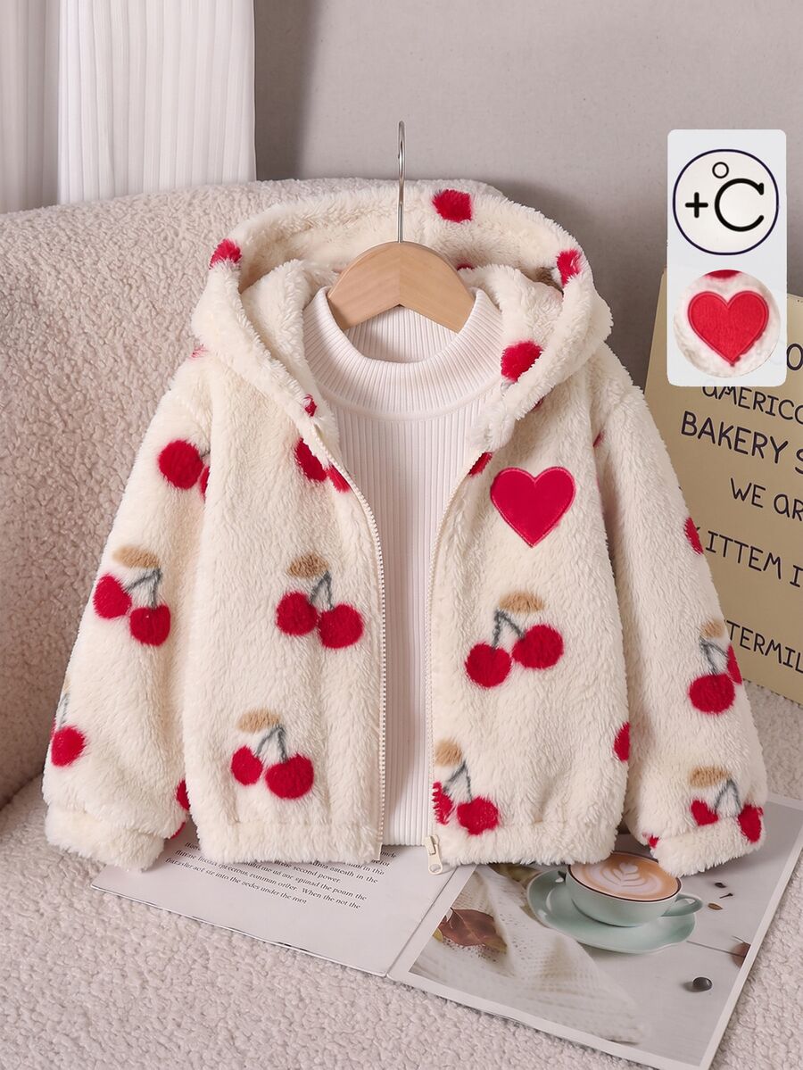 SHEIN Young Girls Pink Leopard Fleece Jacket Autumn/Winter Casual Western Fashion Heart Embroidery Leopard Plush Zip-Up Hooded Jacket, New Fall Style - White - View 1