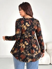 Shapeblank Plus Size Women's Autumn Fallen Maple Leaf Pattern Simple Casual Everyday Long Sleeve T-Shirt, Elastic Comfortable Waist-Cinching Babydoll Style Top, Suitable For Voluptuous Body, Simple Autumn Style - Multicolor - View 2