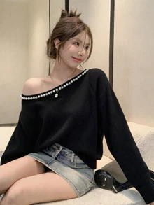 DAZY Women's Solid Color Asymmetrical Shoulder Faux Pearl Decor Casual Daily Wear Sweater - Black - View 5