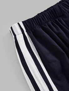 SHEIN 兒童青少年女孩休閒時尚新款秋冬海軍藍與白色條紋拼接青蛙鈕扣長袖拉鍊外套與長褲2件套，返校季，秋冬服飾，開襟外套套裝 - 藍白色 - 查看 6