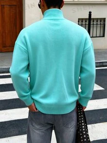 Manfinity CasualKnits كارديجان رجالي بلون موحد وأكمام طويلة وأزرار أمامية كاجوال من الصوف المحبوك - الأزرق - مشاهدة 2