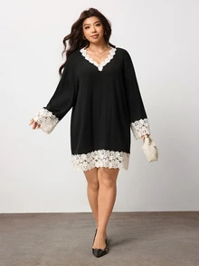 Enliva Plus Size Contrast Lace Trim V Neck Knit Mini Dress Compatible With Apple Body Round Body - Black - View 5