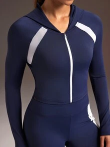Powerista Women's Colorblock Casual Everyday Hooded Sports Jacket - Navy Blue - View 4