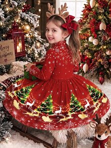 Tween Girl Christmas Tree Print Long Sleeve Dress Party Autumn/Winter - Multicolor - View 3
