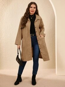EMERY ROSE 大尺碼鄉村風燈芯絨雙口袋鈕扣前襟中長版外套，秋冬季 - 駝色 - 查看 5