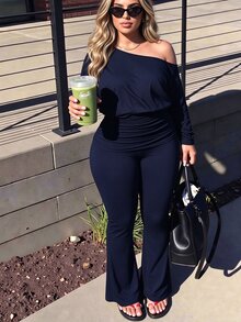 Easura Plus Size Women's Ruched Waist Cinched Waist Loose Top Tight Bottom Asymmetrical Hem Casual Commute Daily Outfit Set - Navy Blue - View 1