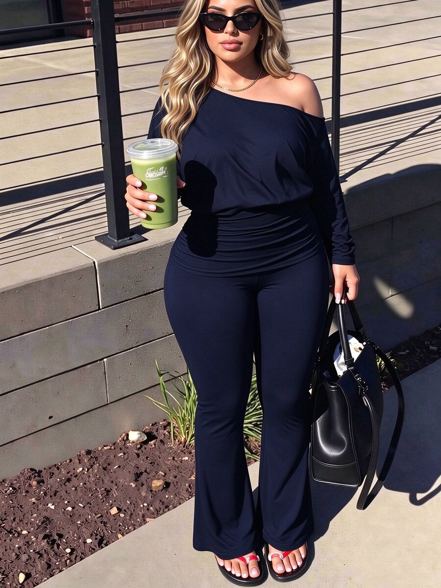 Easura Plus Size Women's Ruched Waist Cinched Waist Loose Top Tight Bottom Asymmetrical Hem Casual Commute Daily Outfit Set - Navy Blue - View 1