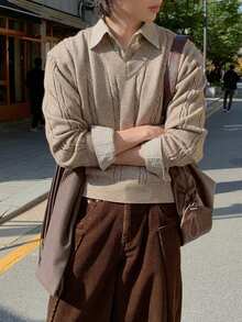 DAZY Autumn/Winter Camel V-Neck Cable Knit Ribbed Korean Style Men's Sweater - Camel - View 6