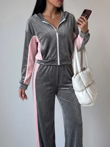 SHEIN Sovereign Charm Women's Zip-Up Long Sleeve Hoodie And Colorblock Pants Sports Set - Multicolor - View 6