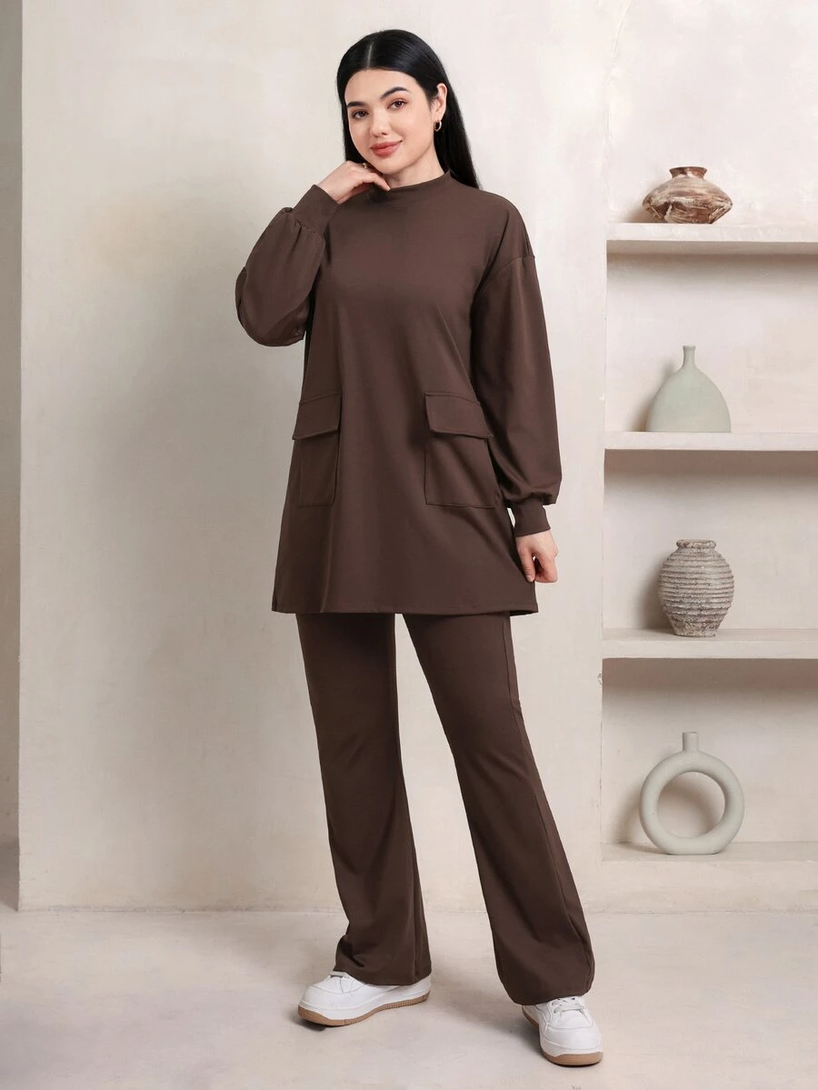 Veilorie Women's Minimalist Long Sleeve Pocket Top And Pants Sports Set - Brown - View 1