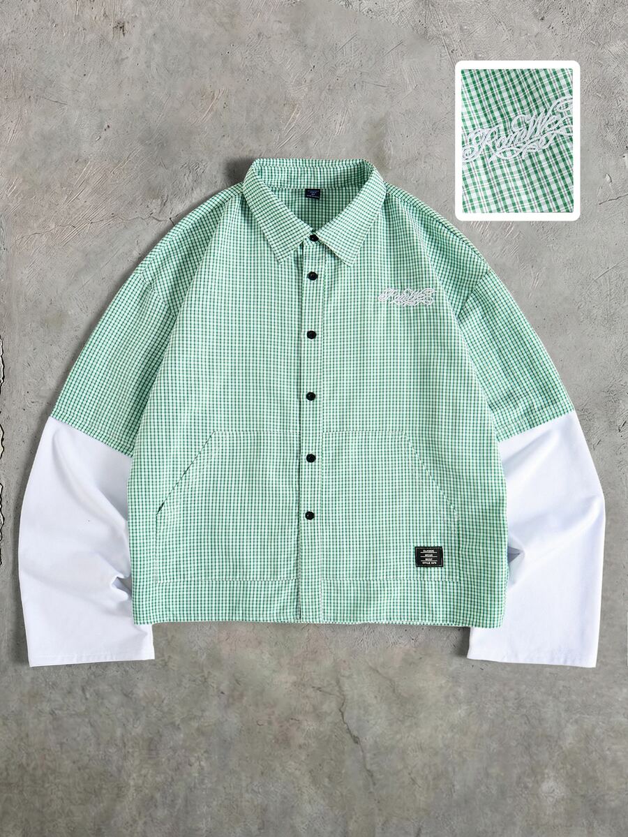 ROMWE MEN Street Life Herrskjorta i casual stil med broderade bokstäver och rutmönster, 2-i-1 - Grön - Visa 1