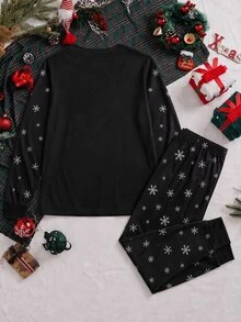 SHEIN 男士純色圓領長袖休閒居家服套裝 - 黑色 - 查看 5