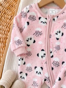 SHEIN 新生兒嬰兒毛絨保暖拉鍊連身長褲 秋季款 - 粉色 - 查看 3