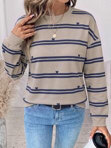 SHEIN LUNE 女款條紋愛心印花長袖休閒寬鬆衛衣 - 白色 - 查看 6
