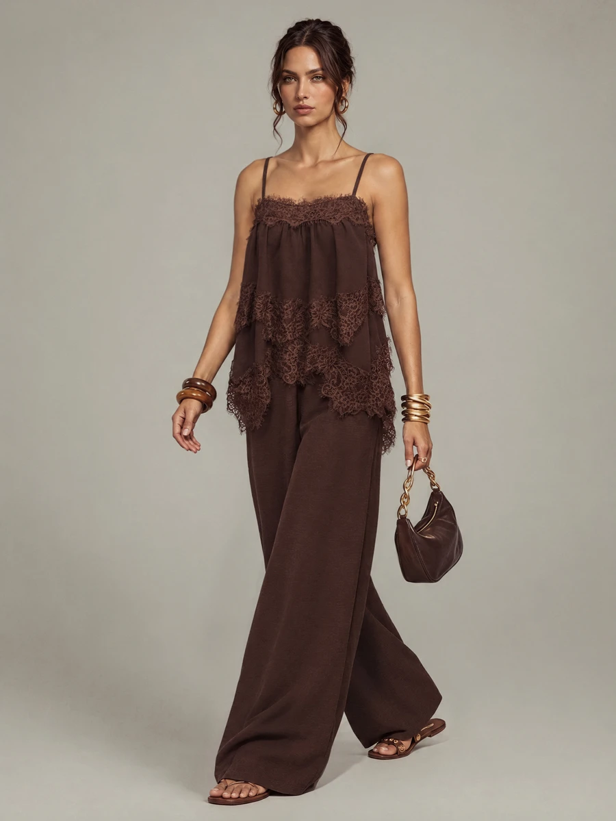 SHEIN Tall Tall Women's Brown Lace Spliced Camisole And Long Pants Two Pieces Set Fashion - Brown - View 1