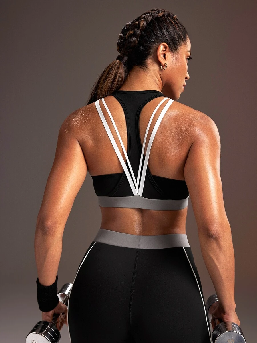 Powerista 女款拼色高支撐運動內衣，適合重量訓練與 HIIT 的運動健身內衣，運動休閒日常穿搭 - 黑色 - 查看 1