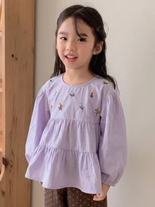 Dazy Kids 少女時尚刺繡荷葉邊下擺襯衫 - 紫色 - 查看 2