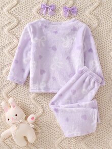 Genkimix Kids 2件組 秋季/冬季女嬰蝴蝶結愛心印花灰粉色簡約長褲長袖休閒可愛刷毛家居服 柔軟舒適睡衣 - 紫色 - 查看 3