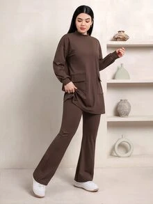 Veilorie Women's Minimalist Long Sleeve Pocket Top And Pants Sports Set - Brown - View 4