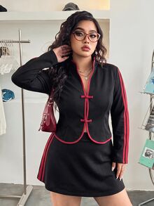 SHEIN BASICS Plus Size Striped Colorblock Top And Mini Skirt 2 Pieces Set - Black - View 4