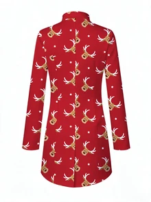 PopScrub Red Christmas Cartoon Reindeer & Star Print Fashion Stand Collar Long Sleeve Long Scrub Jacket, Double Pocket Patchwork Zipper Nurse Scrub Uniform Top, Professional Scrub Uniform Jacket, Suitable For Hospital And Various Clinic Workwear - Multicolor - View 2