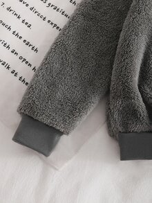 SHEIN 女童居家服大童女孩字母蝴蝶結刺繡長袖上衣搭配毛茸茸長褲休閒優雅家居服套裝 - 灰色 - 查看 9