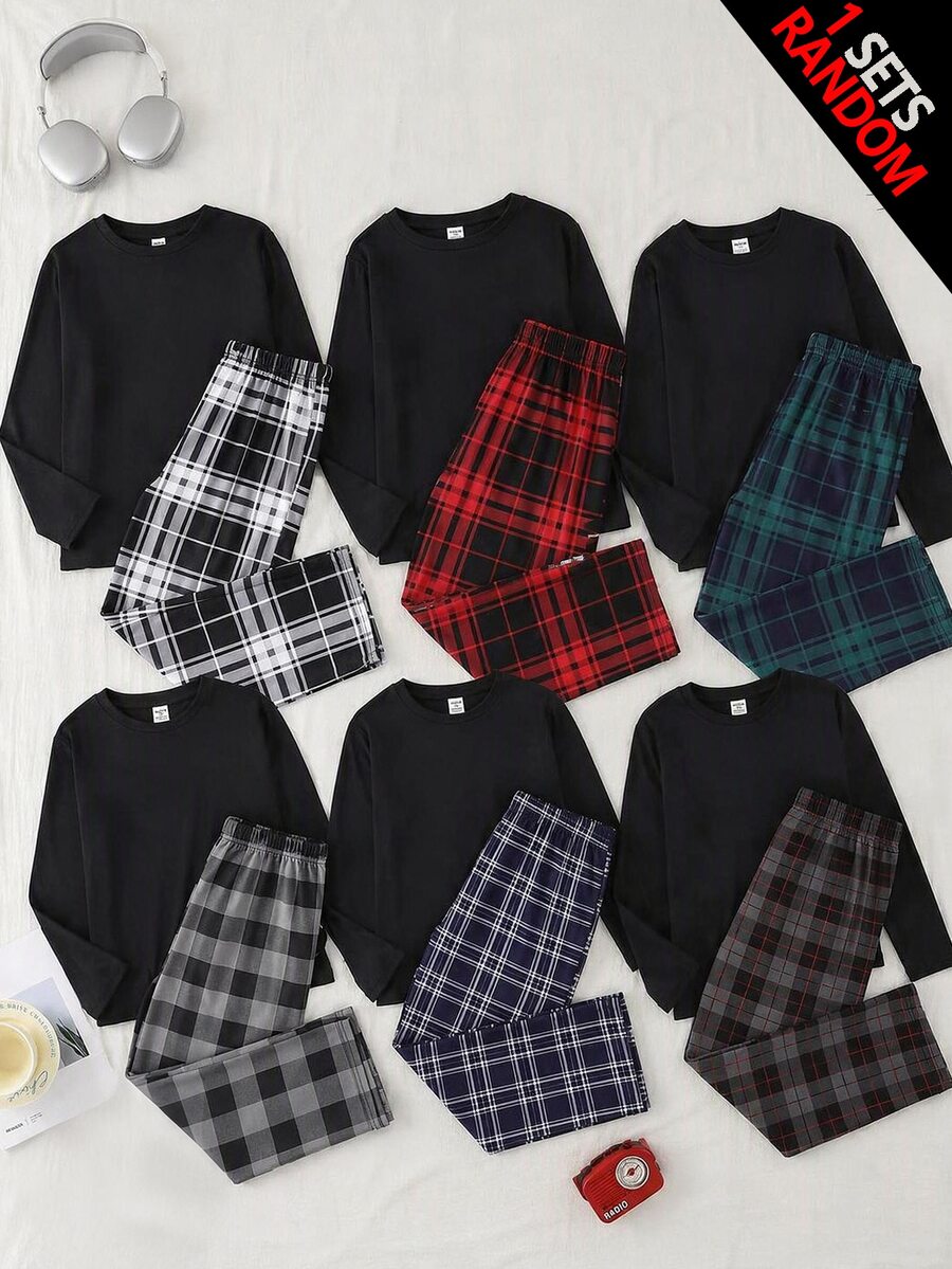 SHEIN Tween Boy Solid Color Kids Crew Neck Top And Plaid Long Pants Loungewear Set - Multicolor - View 1