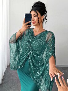 Elenzga 大尺碼女款優雅針織黑色網紗銀箔百褶披肩式修身緊身洋裝 - 綠色 - 查看 8