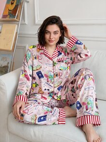 Chillnights Plus Size Cartoon Print Top And Pants Pajama Set - Multicolor - View 4