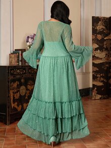 EastFlair Plus Size Women's V-Neck Pleated Fashion Party Dress - Green - View 7