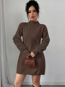 Elenzga 女款休閒純色立領毛絨針織拼接白色毛衣洋裝，不含腰帶，秋冬女裝 - 棕色 - 查看 4