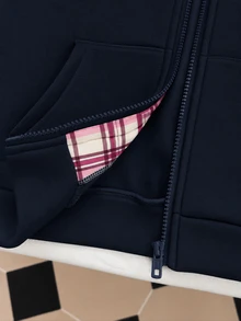 SHEIN 青少年女孩純色蝴蝶結裝飾袖子抓絨內裡運動衫外套 返校風格 秋冬校外穿搭 粉色法蘭絨 可愛西式 - 藏蓝色 - 查看 4