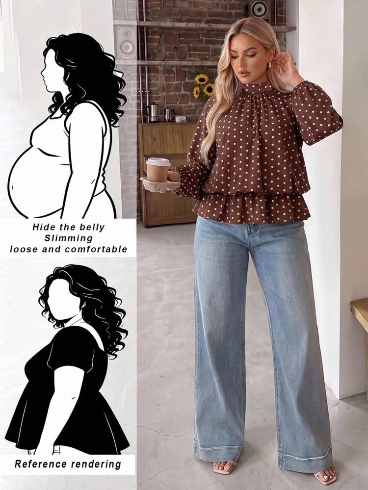 Auralis Áo sơ mi nữ tay dài size lớn họa tiết chấm bi phong cách vintage casual, màu nâu, phù hợp cho mùa thu/đông, đi tiệc - Cà phê nâu - Xem 1