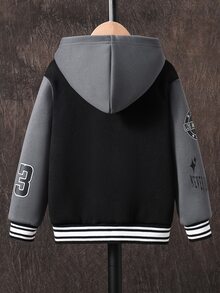 SHEIN 1pc Boys Casual Jacket, Minimalist Collar Design, Black Body With Grey Contrast Sleeves, Letter Graphic Print, Ribbed Cuffs And Hem, Suitable For Daily, Sports, School, Travel Wear, Versatile And Practical - Black - View 2