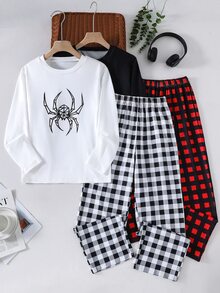 SHEIN 青少年男孩蜘蛛圖案長袖上衣與格紋長褲居家服 4件套 - 彩色 - 查看 3