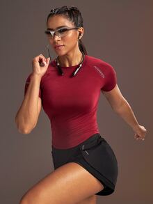 Powerista Women's Letter Print Raglan Short Sleeve Sports T-Shirt - Burgundy - View 1