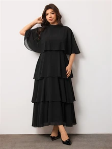 Enliva Plus Size Black Tiered Maxi Dress With Sheer Cape Sleeves For Pear Body - Black - View 7
