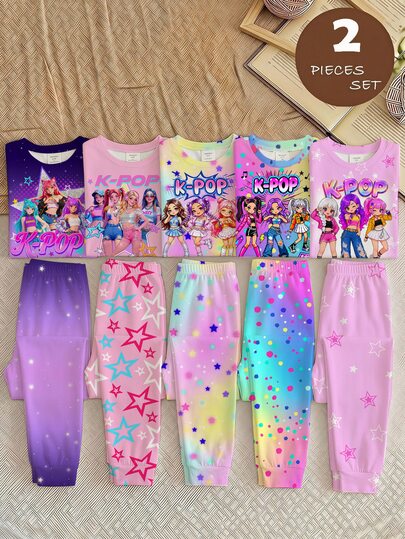Ropa de estar por casa para niña preadolescente, casual, minimalista, linda y dulce, de moda, cómoda, manga corta, pantalones largos con dobladillo patchwork, ajuste ceñido, adecuada para primavera, verano, otoño e invierno, kawaii, acogedora, Y2K